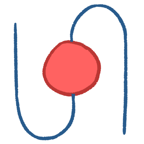 a drawing of a pink circle, with a large blue sideways S underneath it, with the middle of the S intersecting the centre of the circle. the lines are thick.